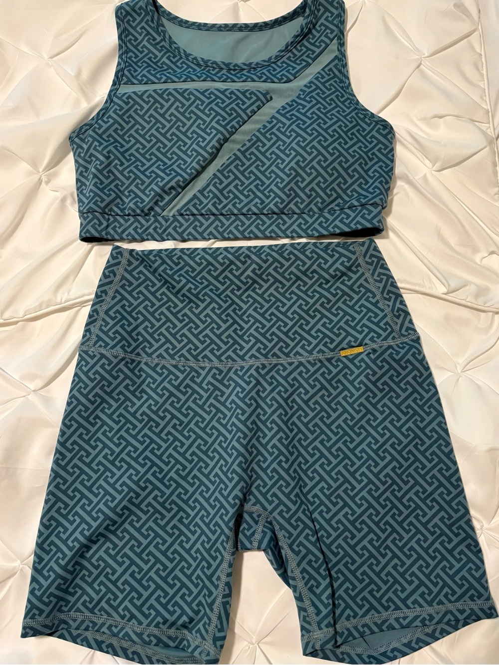 Cleo Harper Blue/Gray Geometric 2pc Bra & Shorts Workout Set, Women’s Size Large